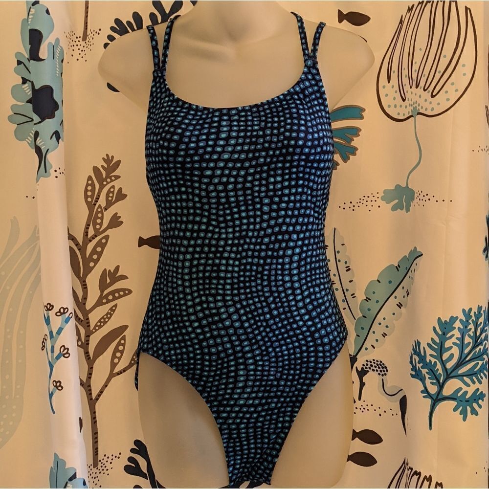Jantzen Strappy Navy Blue One Piece Swimsuit with Teal Dots Size 10